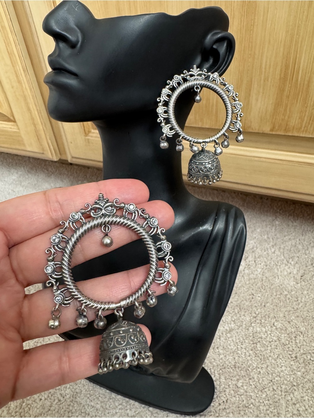 Sterling-Style Silver Jhumka Hoop Earrings - Elegant Tribal Design